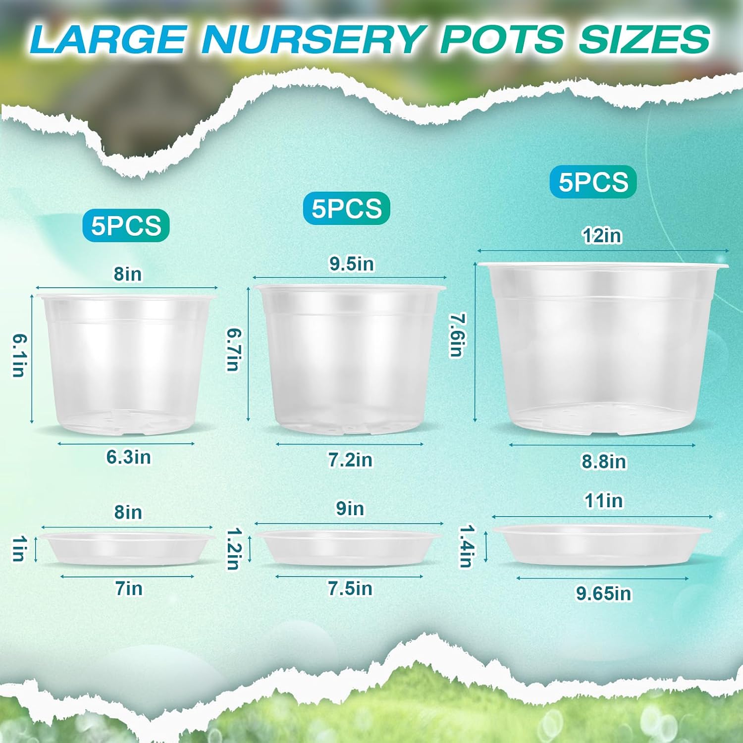 8/10/12 Inch Clear Nursery Pots with Drainage and Sacuers, 15 Pack Plastic Pots for Plants Indoor Outdoor, Variety