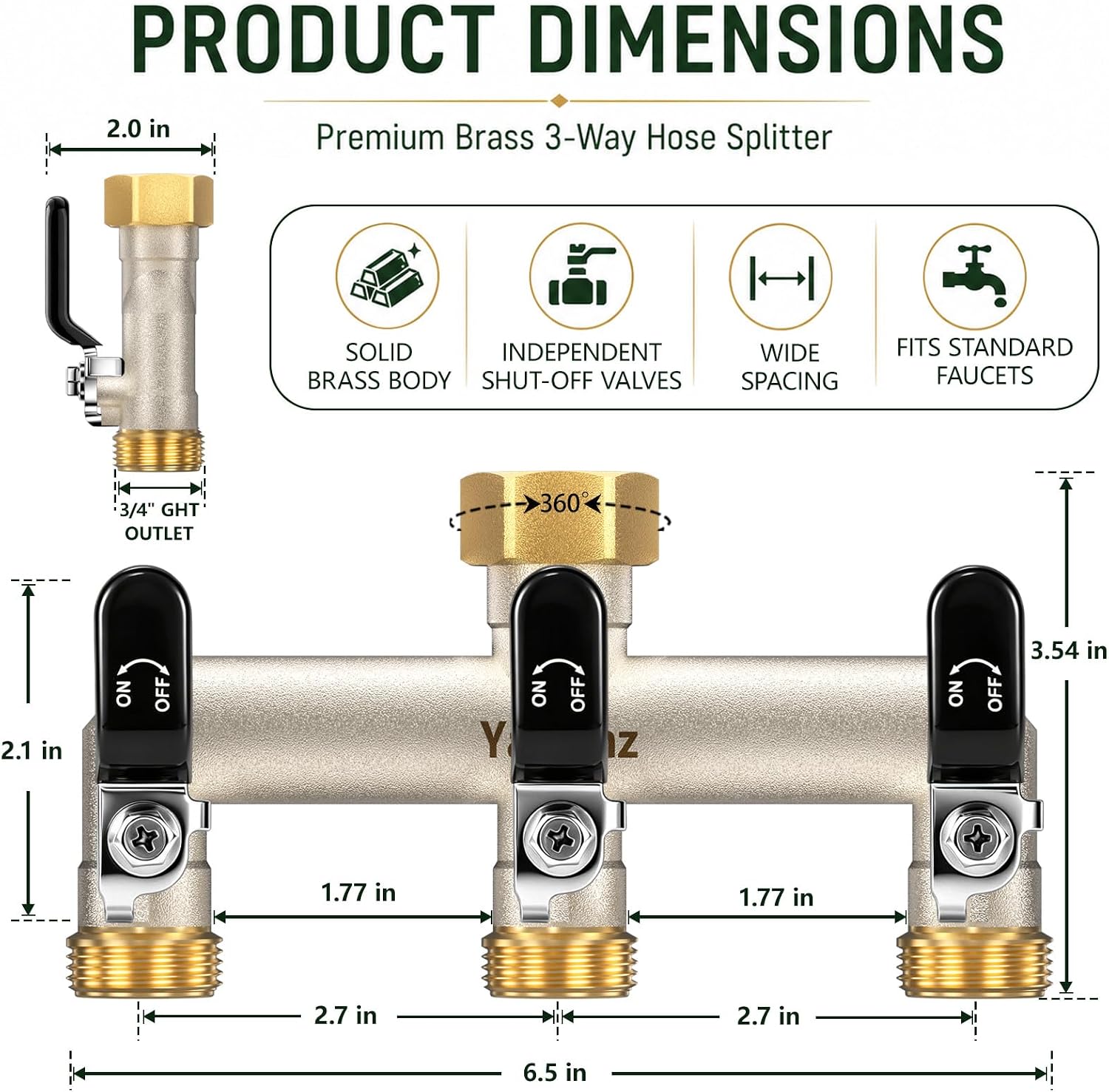 3 Way Garden Hose Splitter, 3/4" GHT Outdoor Faucet Splitter | Heavy-duty Solid Brass Body, Wide Spacing Fits Large