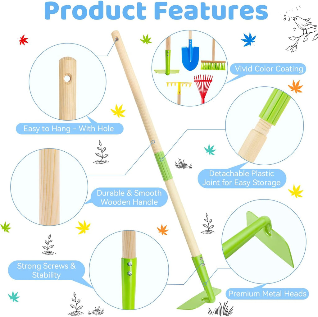 Theefun Kids Garden Tool Set 5pcs, Toddler Hoe Rake Shovel Leaf Rake Broom | Safe Kids Gardening Tools with Wooden