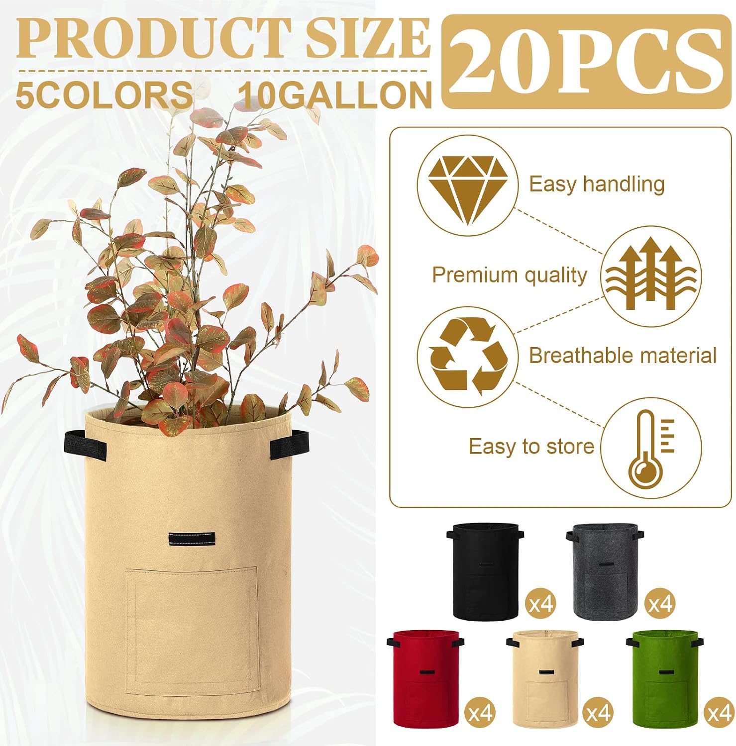 Yinder 20 Pcs 10 Gallon Potato Grow Bags with Flap and Handles Thickened Aeration Fabric Pots Garden Bags Potato