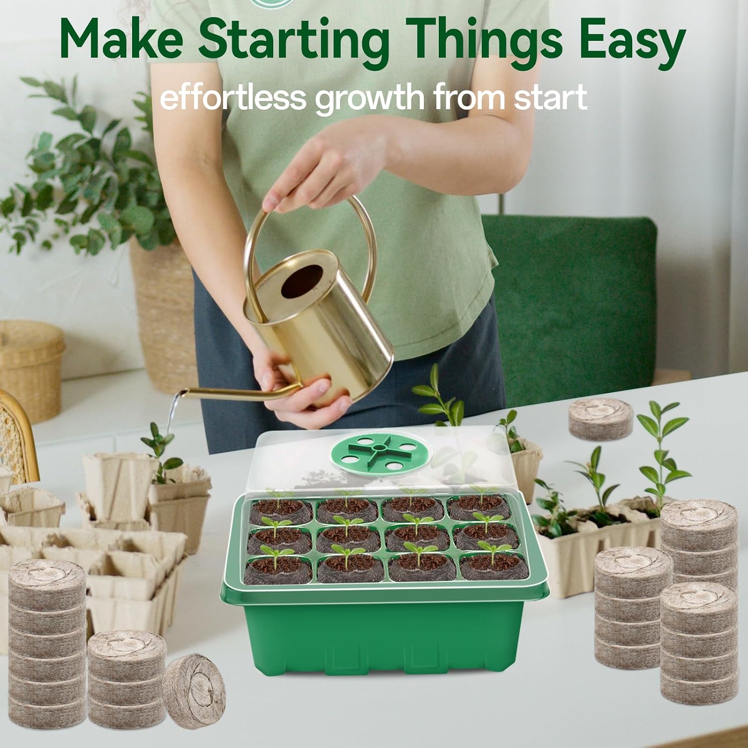 Seed Starter Tray with Peat Pellets, Green Starting Seeds Kit for Plants | 8 Trays (96 Cells) + 100 Organic Peat