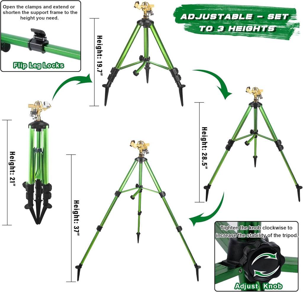 Triumpeek Impact Sprinkler on Tripod Base with Stakes, 1 Count | 360 Degree Large Area Coverage Irrigator, Extension