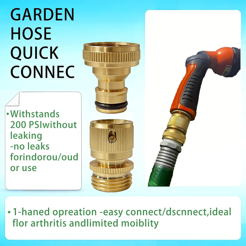 3/4 Inch GHT Solid Brass Garden Hose Quick Connect Fittings, Water Hose Connectors with Leak-Proof Seal for Outdoor