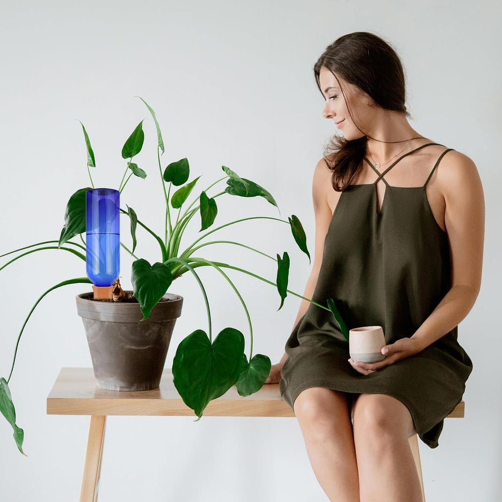 TINSKY 6 Sets Plant Watering Devices Terracotta Self Watering Spikes and 26 Oz Plastic Blue Bottles Slow Release
