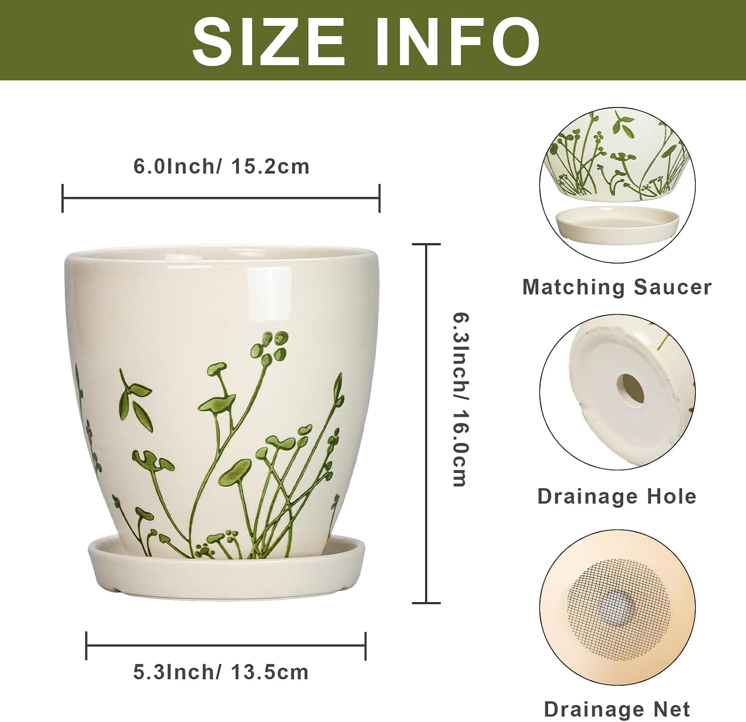 6 Inch Plant Pot - Ceramic Pots for Plants with Drainage Hole and Saucer, Ceramic Succulent Pots for Indoor Outdoor