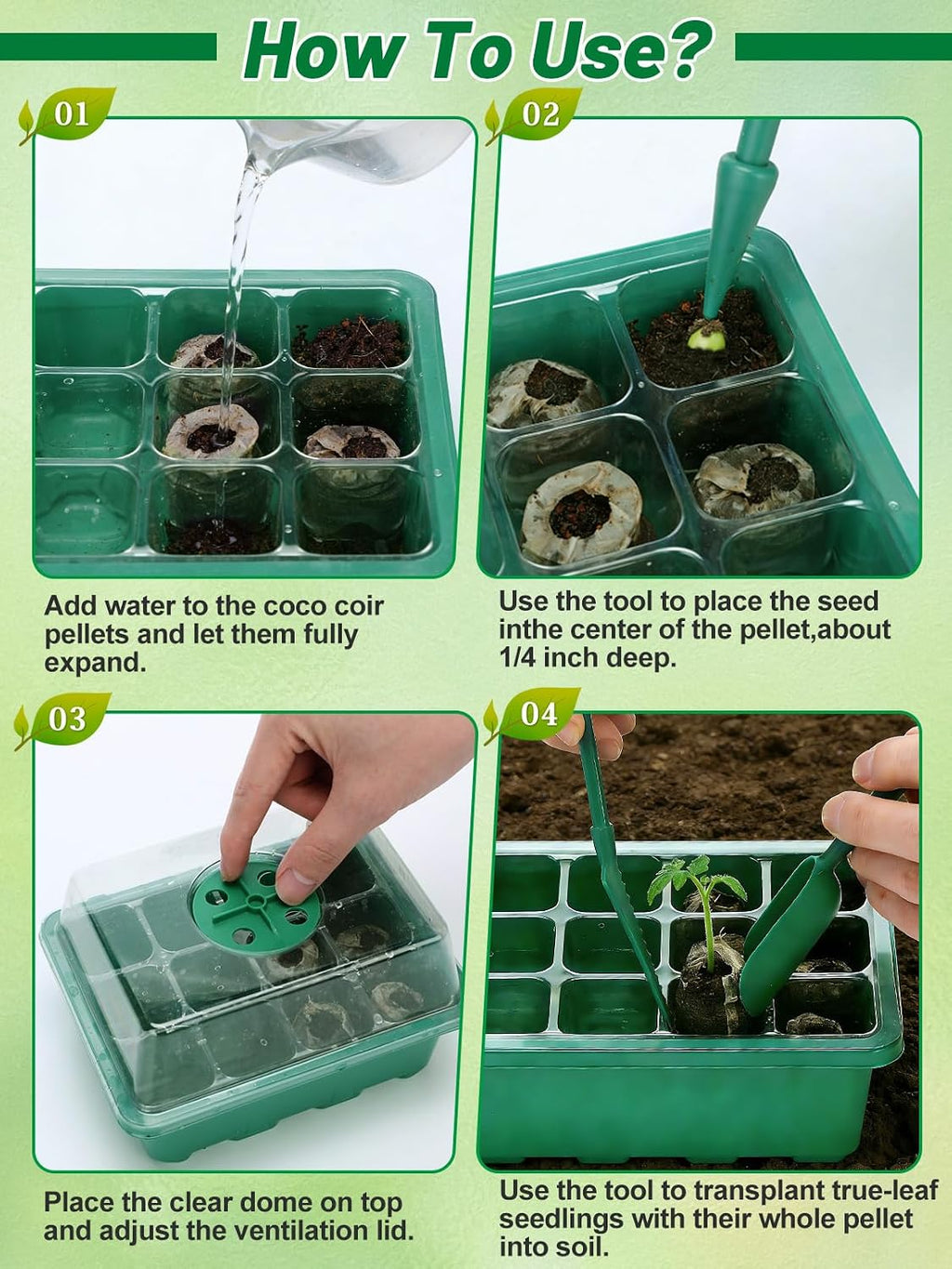 Apipi 5 Pack Seed Starter Kit with 60 Coco Coir Pellets | 60 Cell Seed Starter Trays with Domes, for Indoor Greenhouse