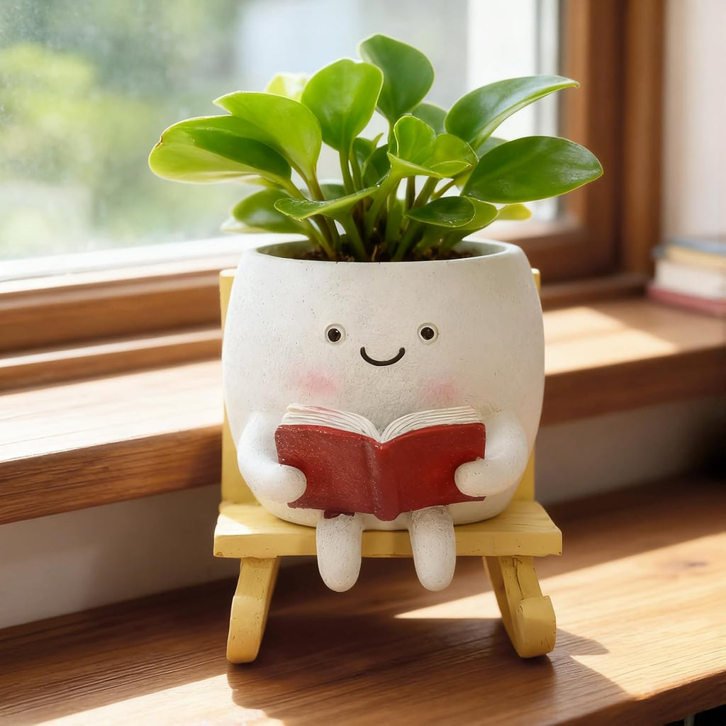 Smiley Face Planter Pot, Cute Resin Head Planter with Drainage Hole, Unique Rocking Chair Succulent Pot for Indoor