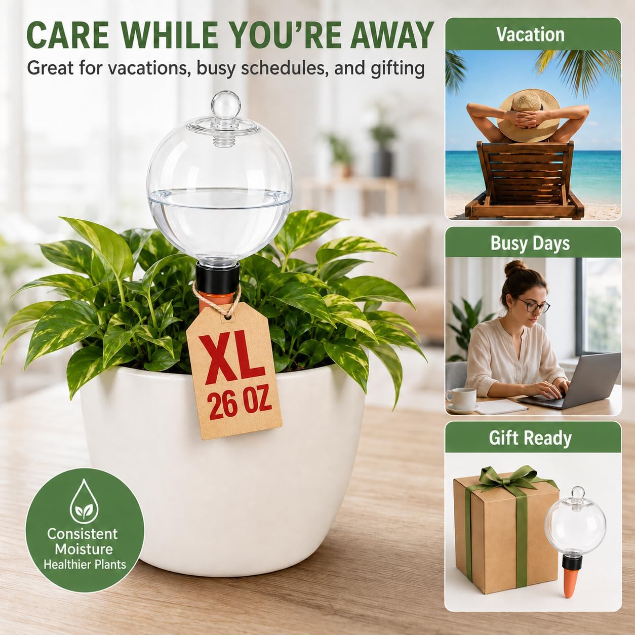 26 oz Large Self Watering Globes, Top Fill Terracotta Spikes, 2 Pack | 750 ml top-fill reservoir with slow-release