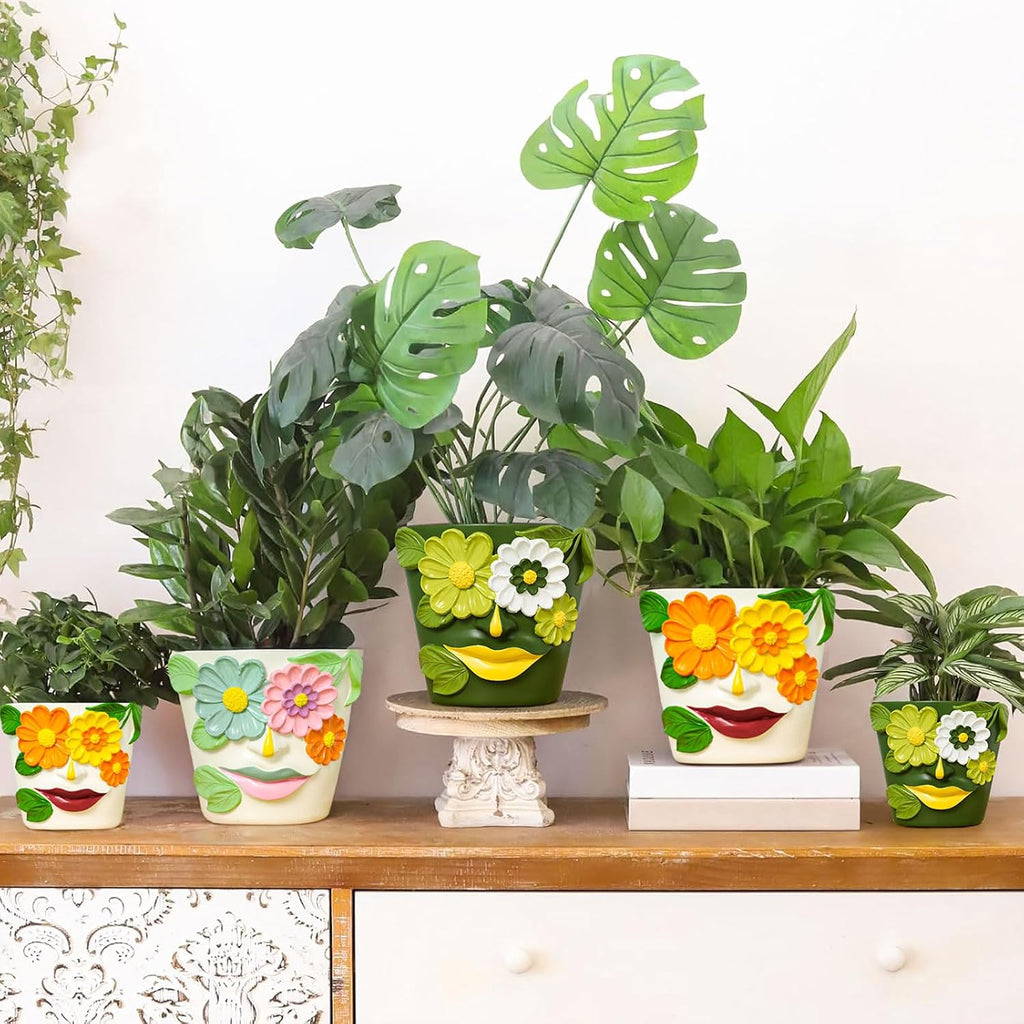 GUGUGO 8 Inch Large Flower Face Planters, Abstract Unique Head Plant Pot with Drainage, Rainbow Colorful Cute Flower