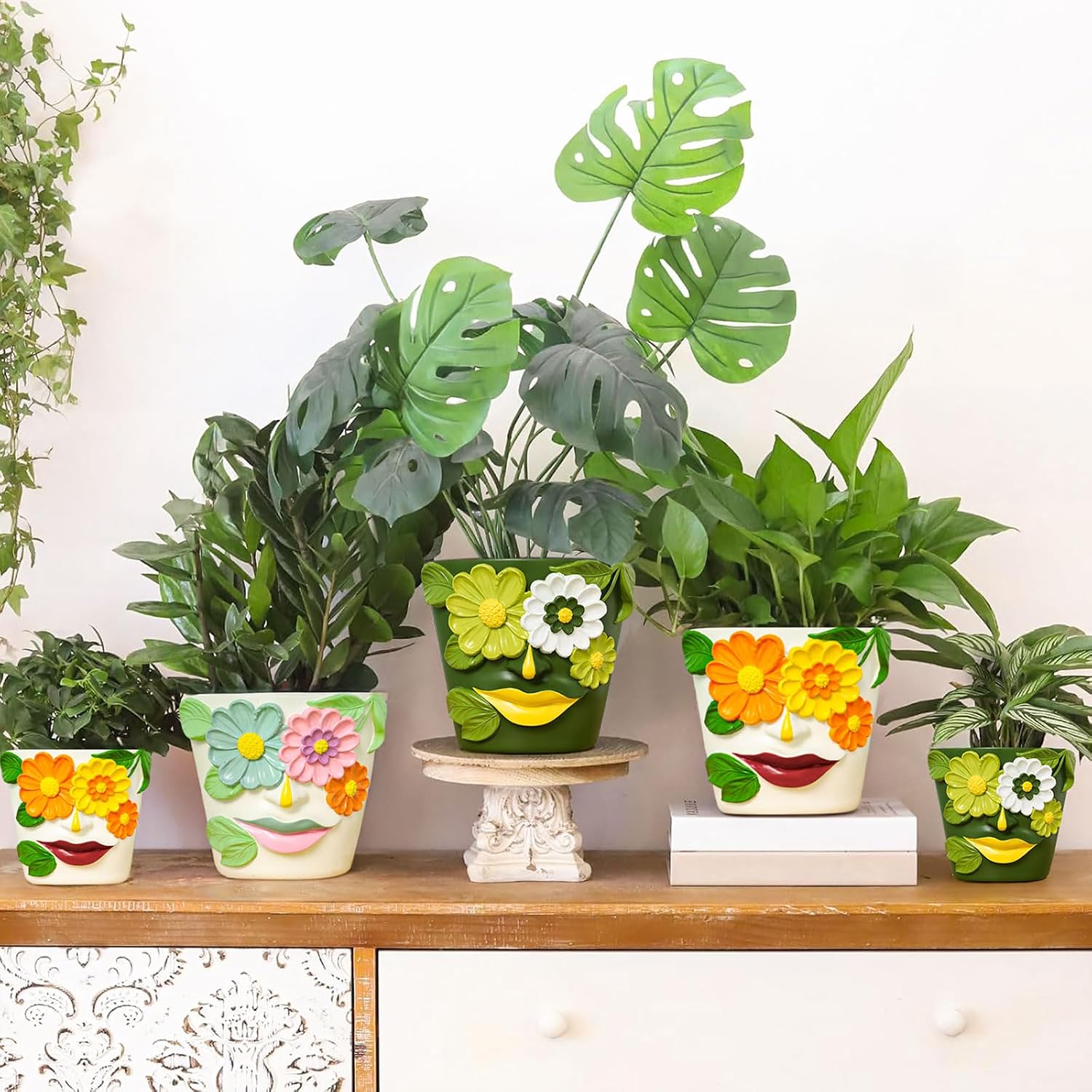GUGUGO 8 Inch Large Flower Face Planters, Abstract Unique Head Plant Pot with Drainage, Rainbow Colorful Cute Flower