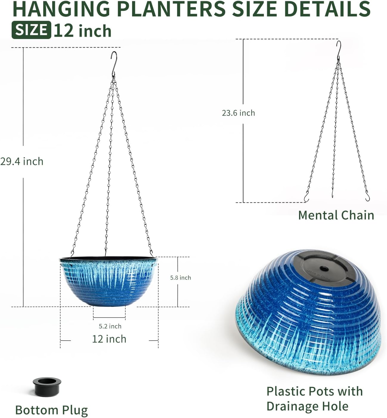 12 inch Large Hanging Planters for Indoor Outdoor Plants, Set of 2 Glazed Hanging Flower Pots with Drainage Hole
