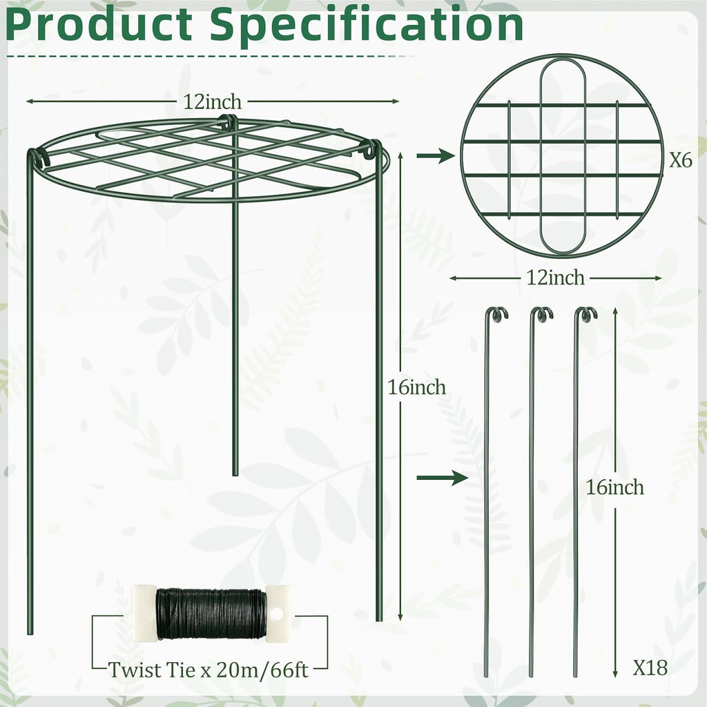 6 Pack 12 x 16 Inch Peony Cages and Supports for Outdoor Plants | Grow-Through Flower Support Rings for Peonies Roses
