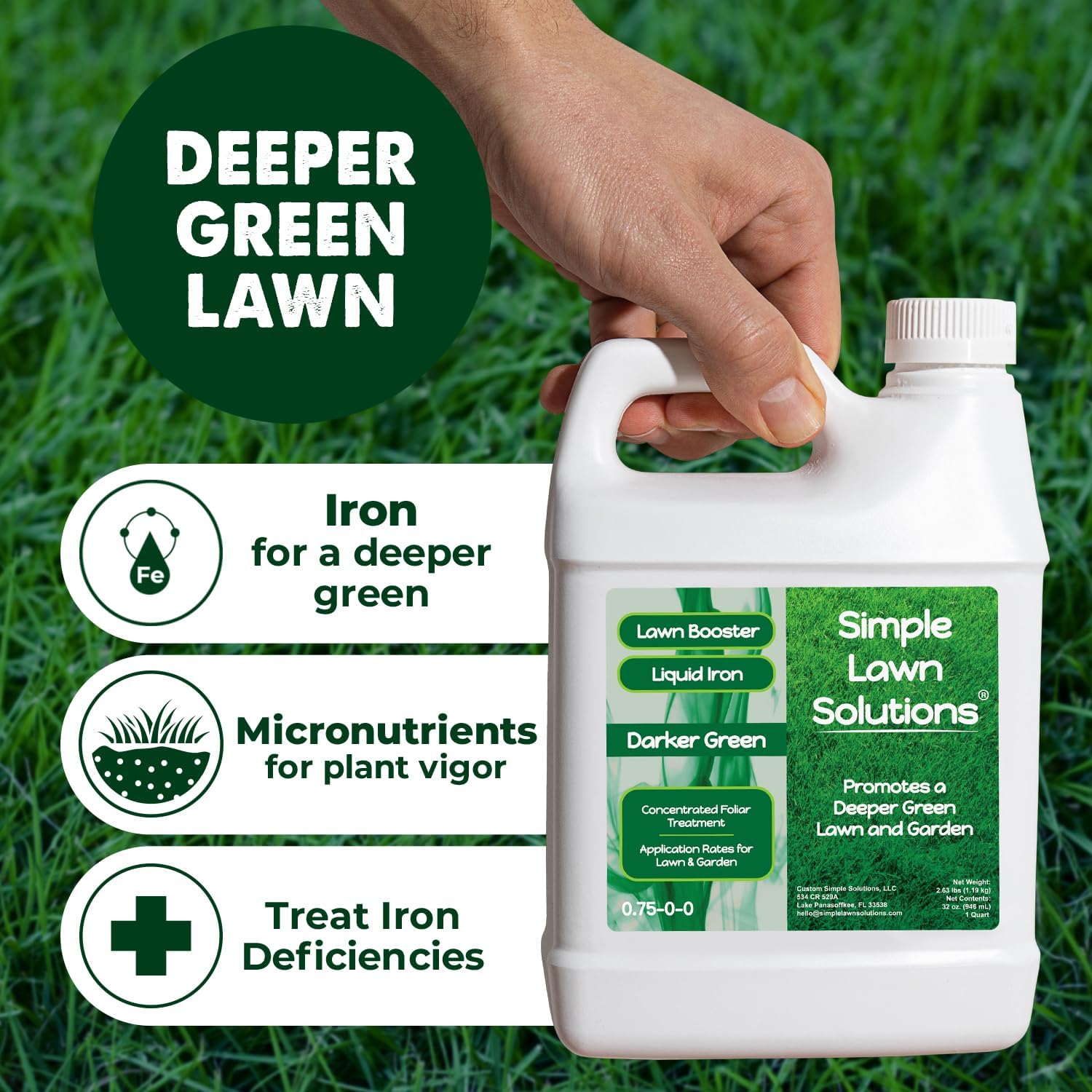 Simple Lawn Solutions - Liquid Iron Fertilizer Darker Green - Chelated Micronutrients - Concentrated Green Booster for