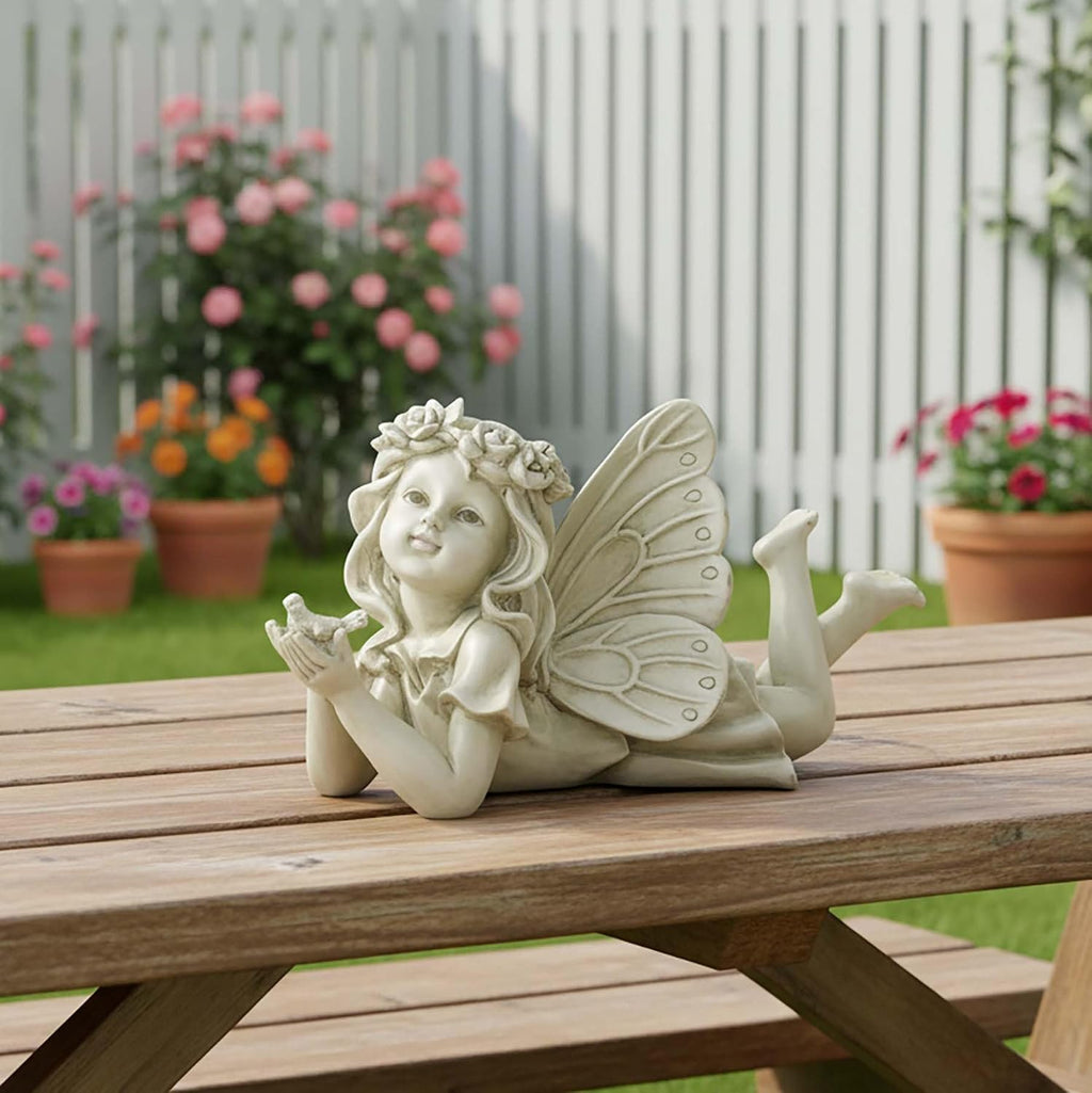 Fairy Garden Statue Holding Bird, Resin Outdoor Decor, 11.02 Inch | Hand-painted resin fairy figurine with bird and