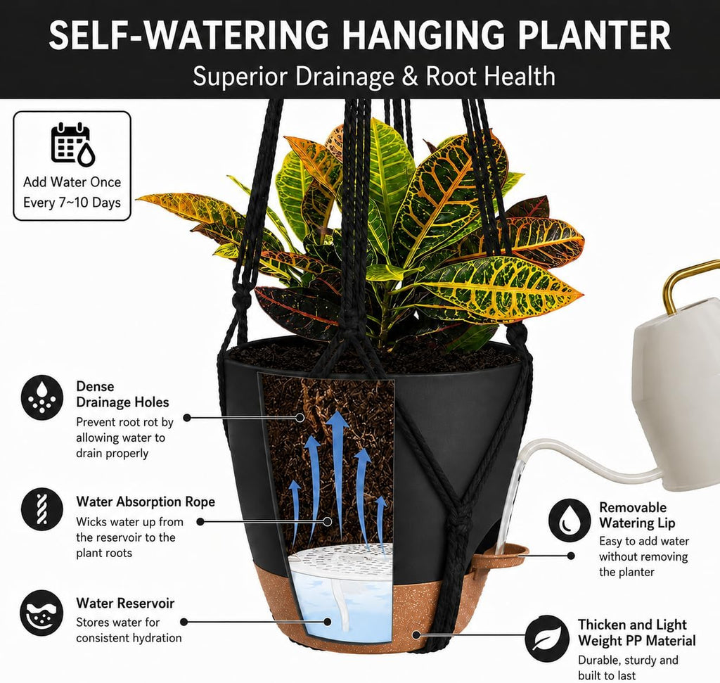 Bouqlife 3 Pack Self Watering Hanging Planters Macrame Plant Hangers with Indoor Flower Pots, 3 Different Size Hanging