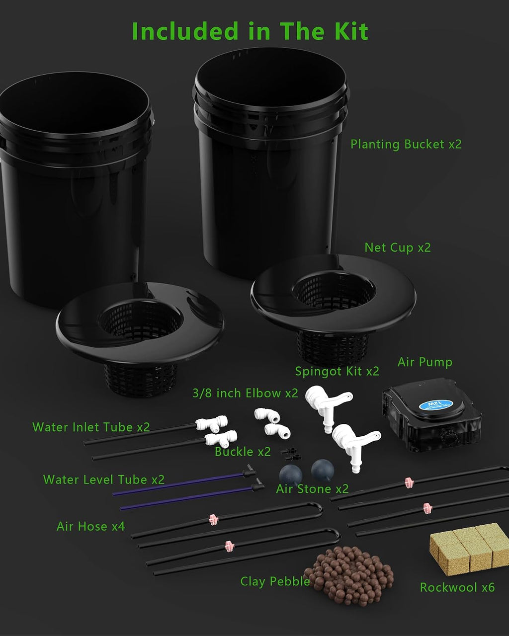 2 Buckets 5 Gallon DWC Hydroponic System, Built-in Drain Tap, Top Drip Kit with 12W 4-Outlet Air Pump, Rockwool, Clay