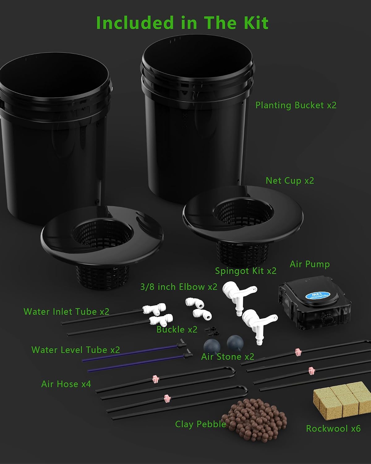 2 Buckets 5 Gallon DWC Hydroponic System, Built-in Drain Tap, Top Drip Kit with 12W 4-Outlet Air Pump, Rockwool, Clay
