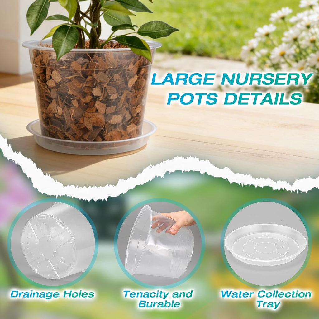 8/10/12 Inch Clear Nursery Pots with Drainage and Sacuers, 15 Pack Plastic Pots for Plants Indoor Outdoor, Variety