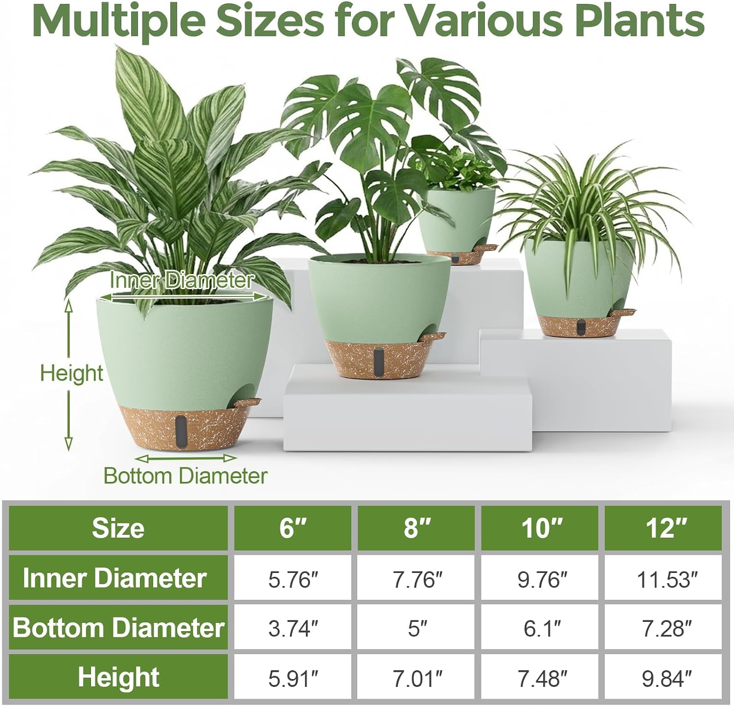 Plant Pots, 12" 10" 6" 8" Inch Self Watering Pots with Water Level Indicator, Set of 5 Flower Pots Indoor with Drainage