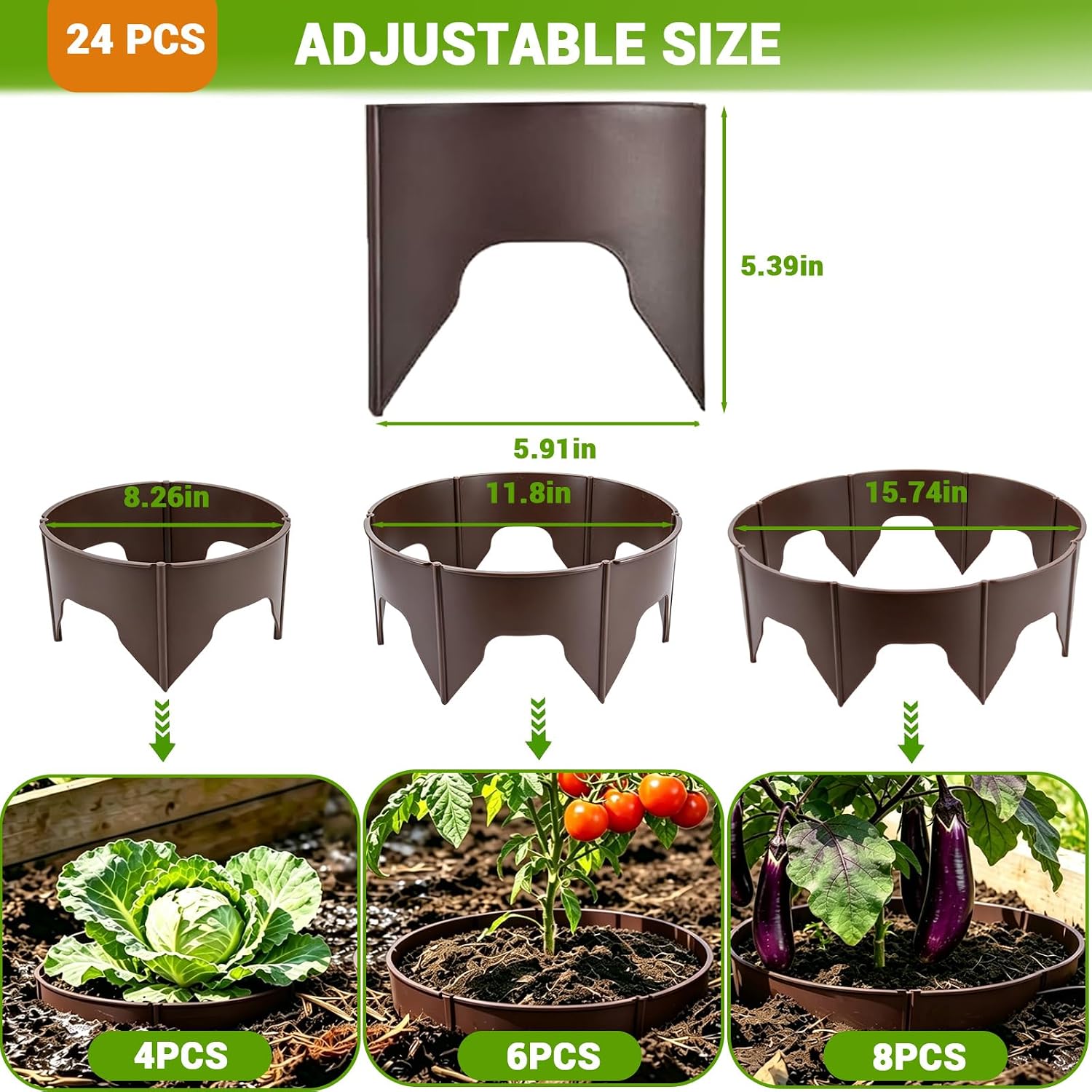 24 Pieces Planting Grow Rings, 7.8-15.16in Adjustable Round Plant Support Rings, Brown Plant Rings for Outdoor Plants –