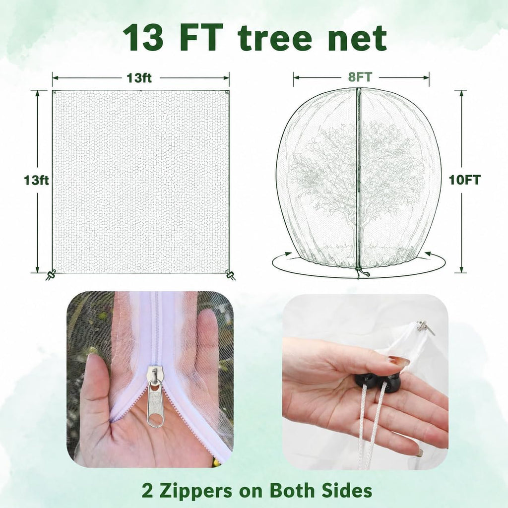 2 Pack 13x13ft Extra Large Fruit Tree Netting with Double Zipper & Double Drawstring, Heavy Duty Bird Netting for Fruit