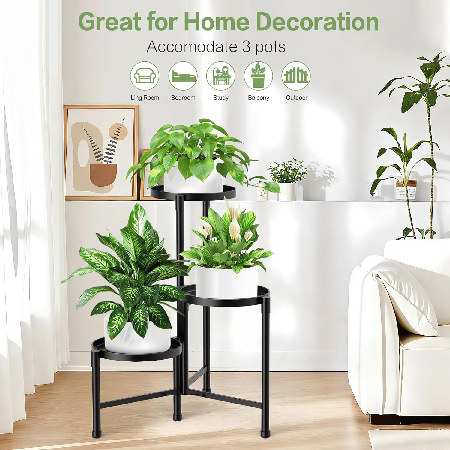 3 Tier Metal Corner Plant Stand Indoor Outdoor, Heightened widened 30'' Tall Multiple Flower Pot Display Holder, Iron