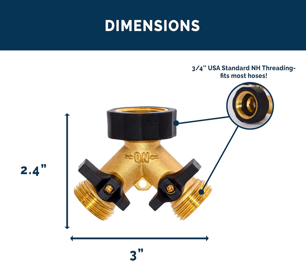 Garden Hose Splitter with Comfortable Rubber Grip Shut Off Valves, Heavy Duty Brass Connector, Water Tap, Y Splitter, 2