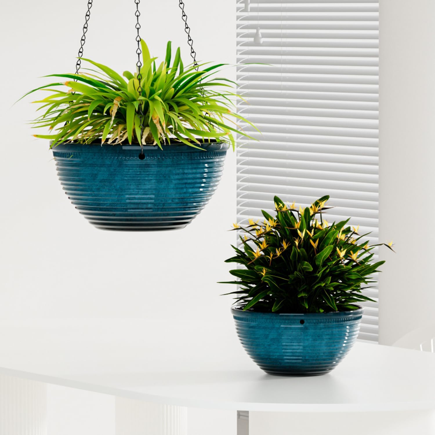 10 Inch Hanging Planters, Glazed Hanging Basket with Drainage Holes, 2 Pack | Ceramic-Look Hanging Flower Pots for