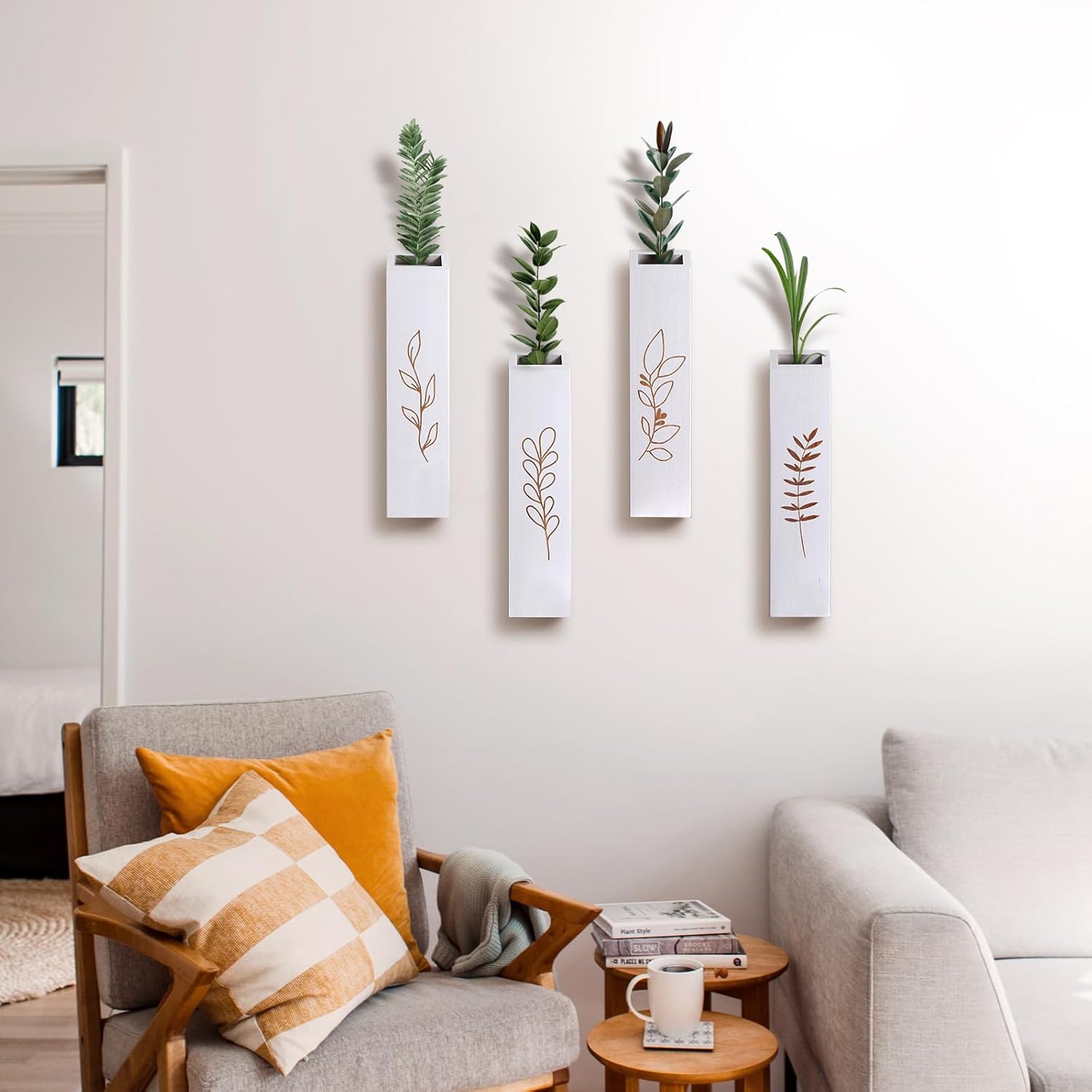 Wooden Wall Vase Planter Set of 4 | White Finish Farmhouse & Boho Wall Decor for Entryway, Hallway, Bathroom, Living