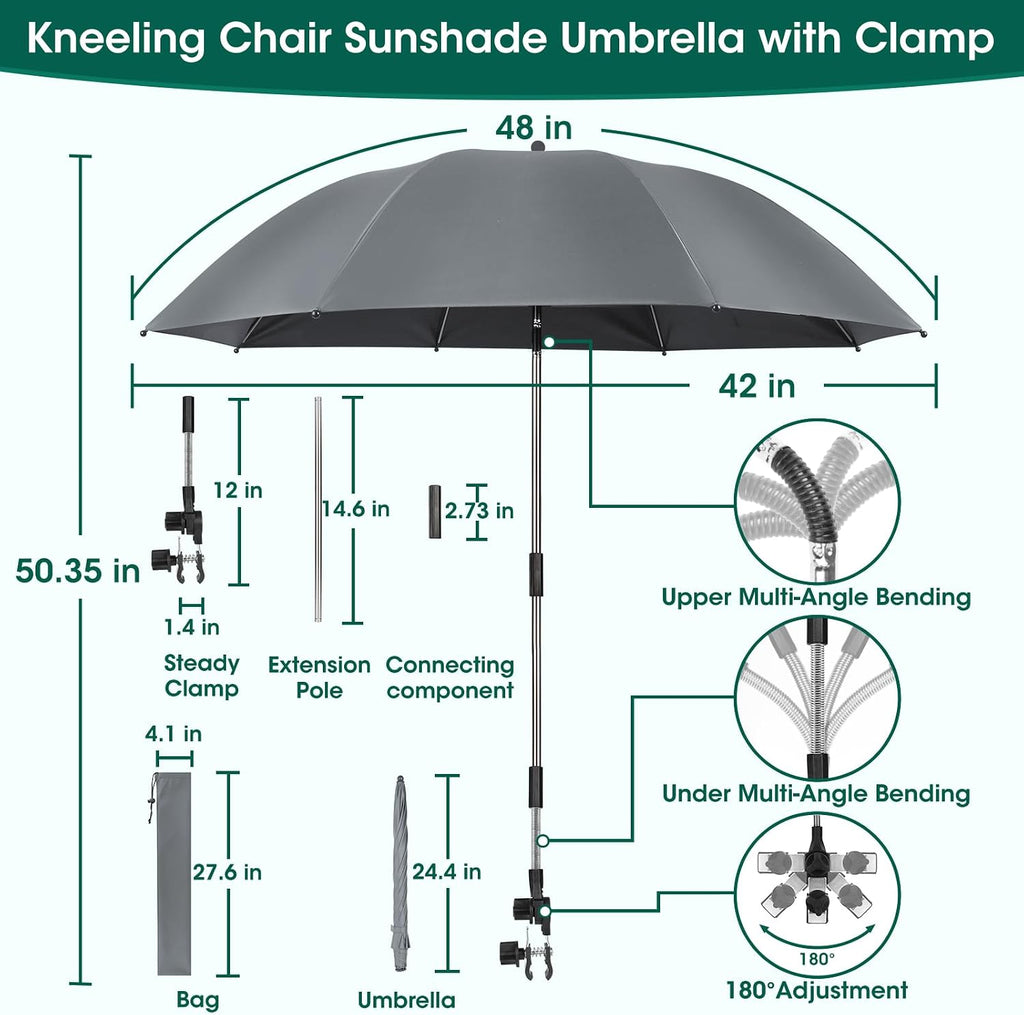 OAOA innovation 2-in-1 Garden Kneeler with Umbrella, Kneeling Bench & Grey Umbrella, Portable Stool 330lb Capacity
