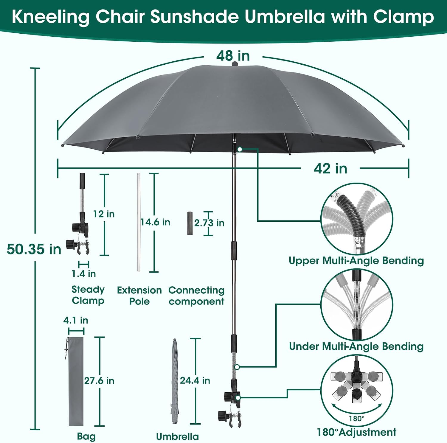 OAOA innovation 2-in-1 Garden Kneeler with Umbrella, Kneeling Bench & Grey Umbrella, Portable Stool 330lb Capacity