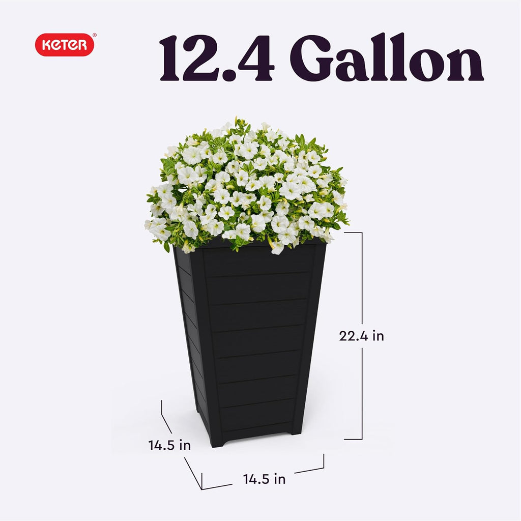 Keter Set of 2 Resin Modern Outdoor 22 Inch Tall Large Flower Pots, Tapered Wood Look Planters for Outdoor Plants and