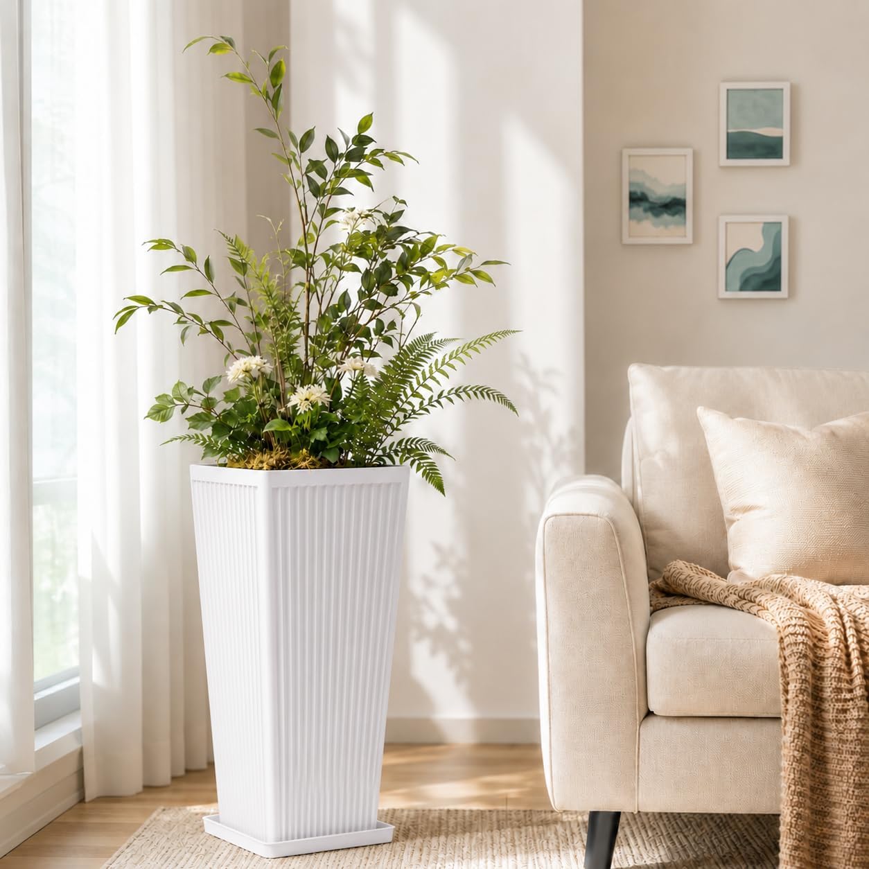 24" Tall Planters for Outdoor Plants Set of 2 Square Fluted,White | Textured Finishes Tapered Modern Large