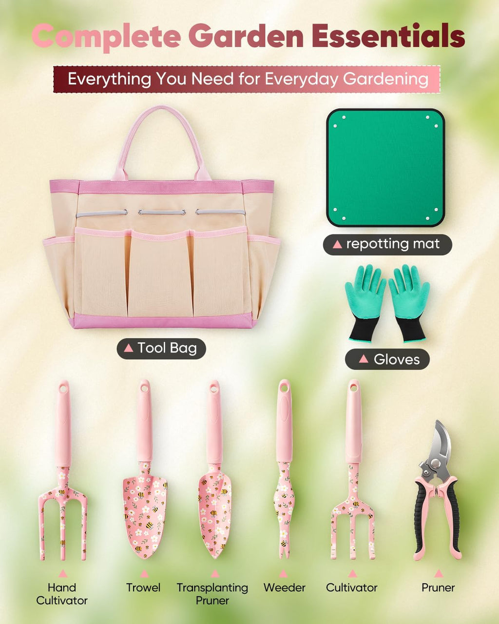 Garden Tool Set Gardening Tools - Heavy Duty Aluminum Tool Kit with Non-Slip Handle, Gardening Gloves and Tool Bag for