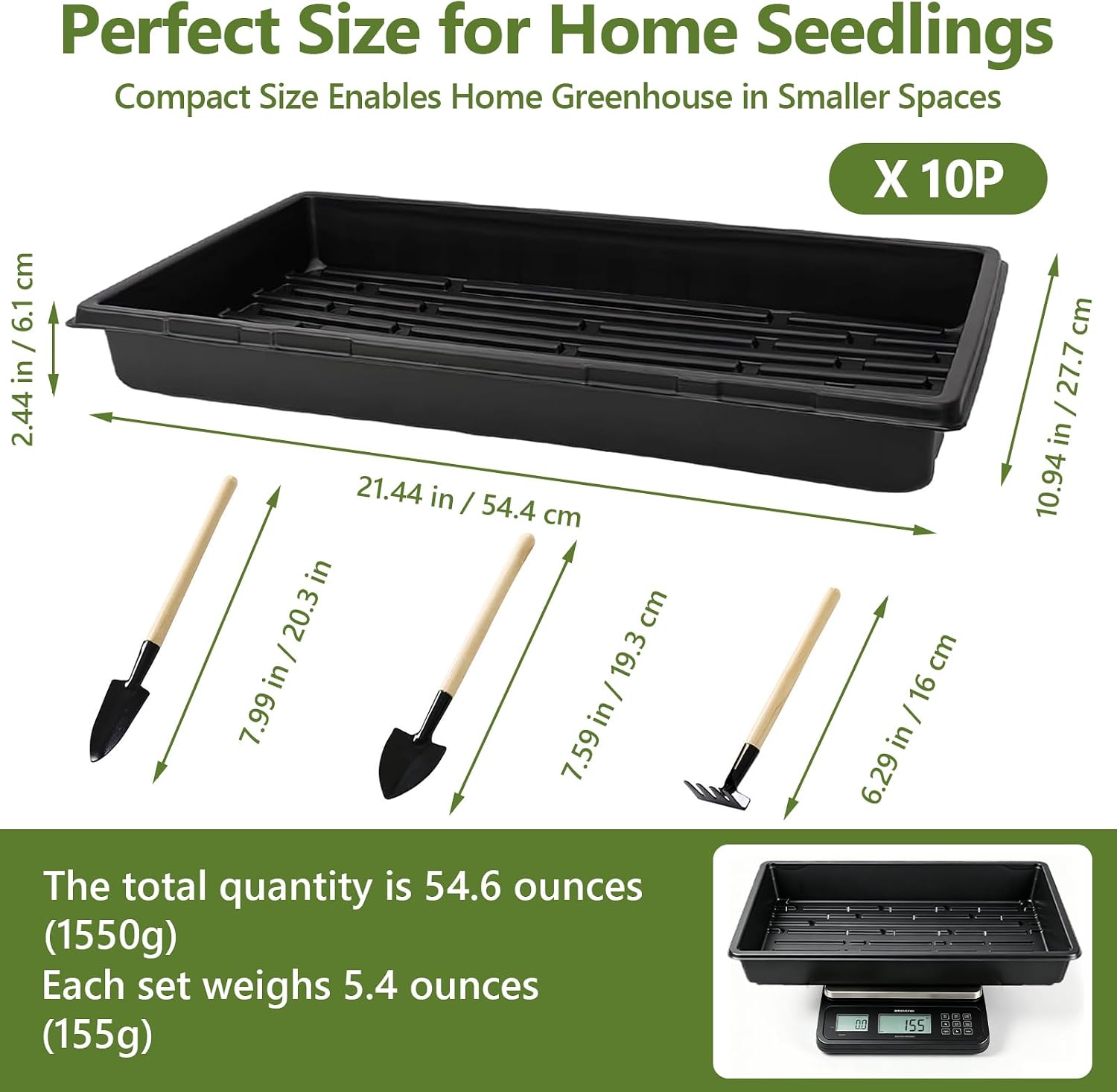 10 Pack Plant Growing Trays No Drain Holes, 21 x 11 x 2.5 in Durable Seed Starter Trays with 3 Mini Gardening Tools