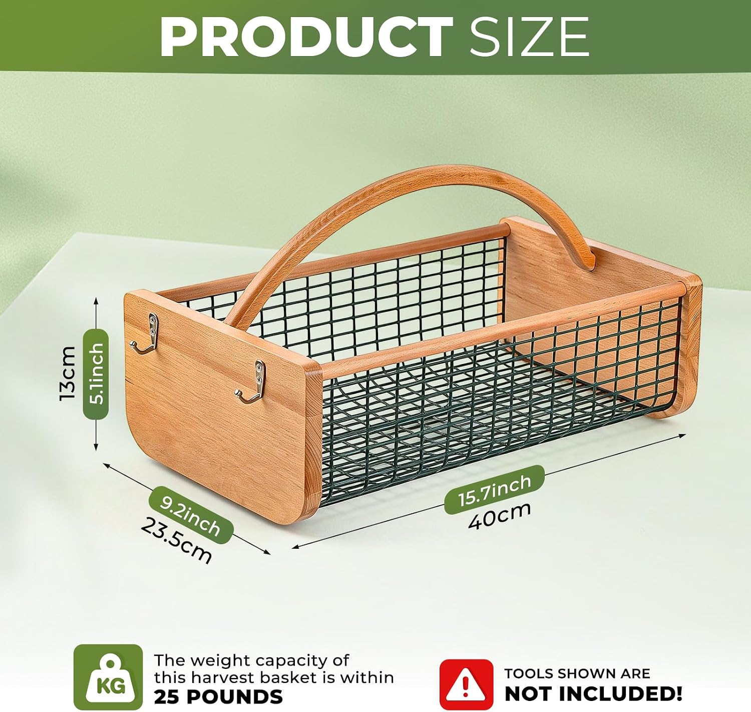 Garden Hod Harvest Basket - Durable Wooden Harvesting Basket with Metal Mesh for Vegetable Picking and Gathering