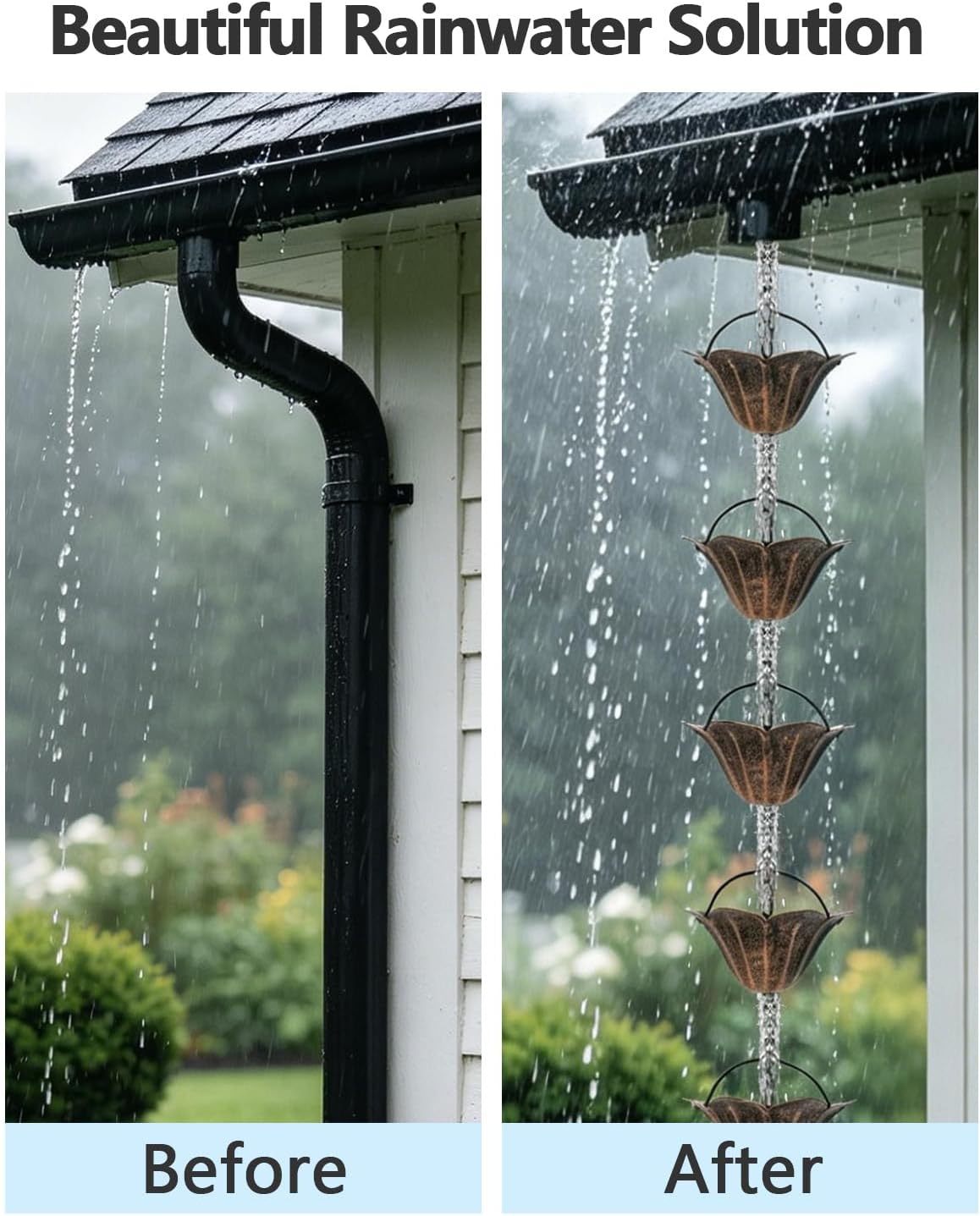 9.5FT Antique Bronze Lotus Rain Chain 12-Cup Downspout Replacement | Sturdy Metal, Rainwater Harvesting, Replaces