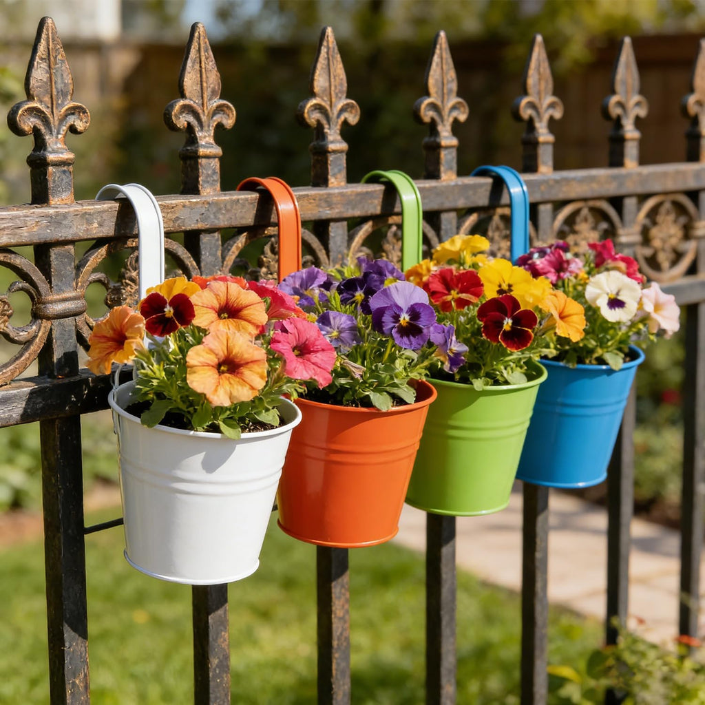 12 Pack Balcony Planters Railing Hanging, Colorful Railing Planter 6.4 Inch Plant Pots with Drainage Holes Hanging