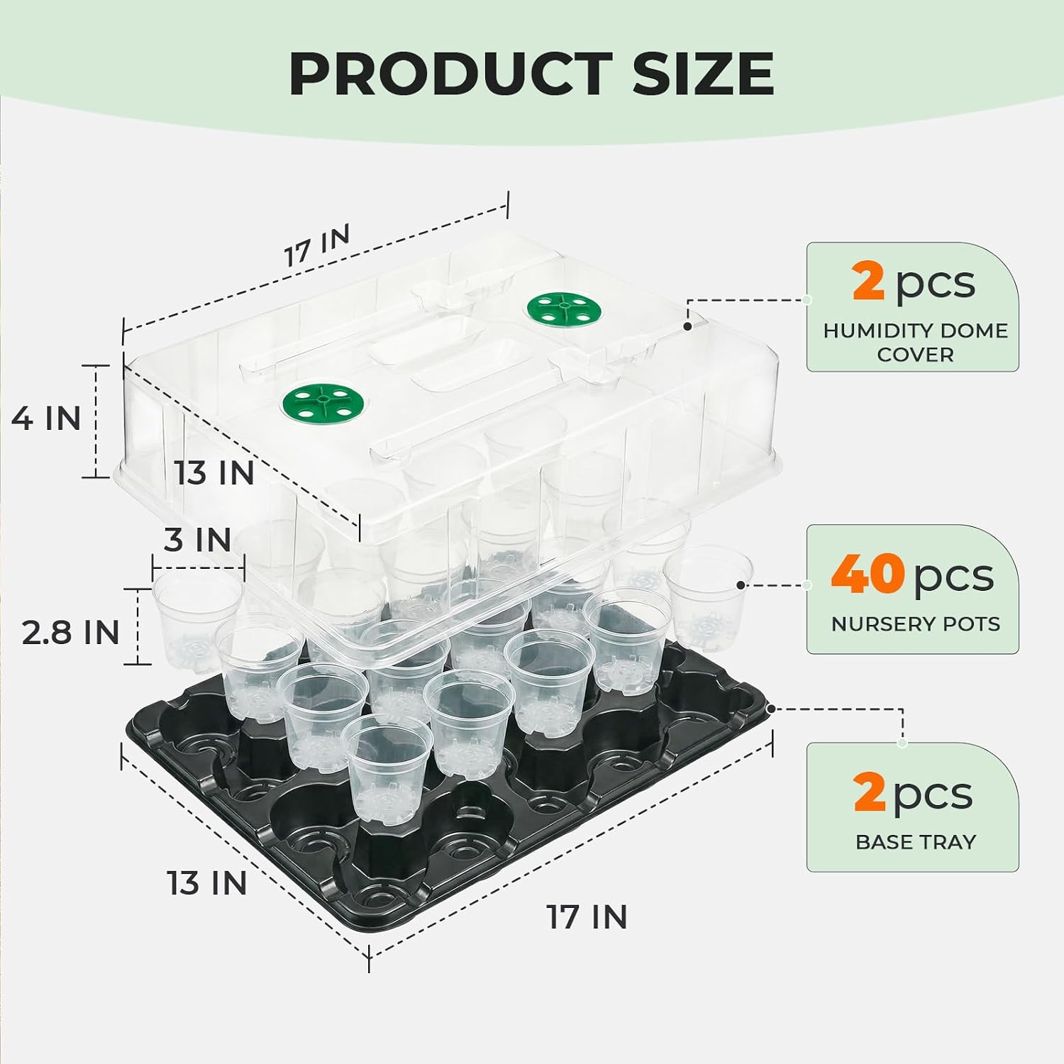 2 Pack 20 Cell Seed Starter Trays with Humidity Domes and 40 Pots | Includes 2 humidity domes and 40 clear 3 inch pots