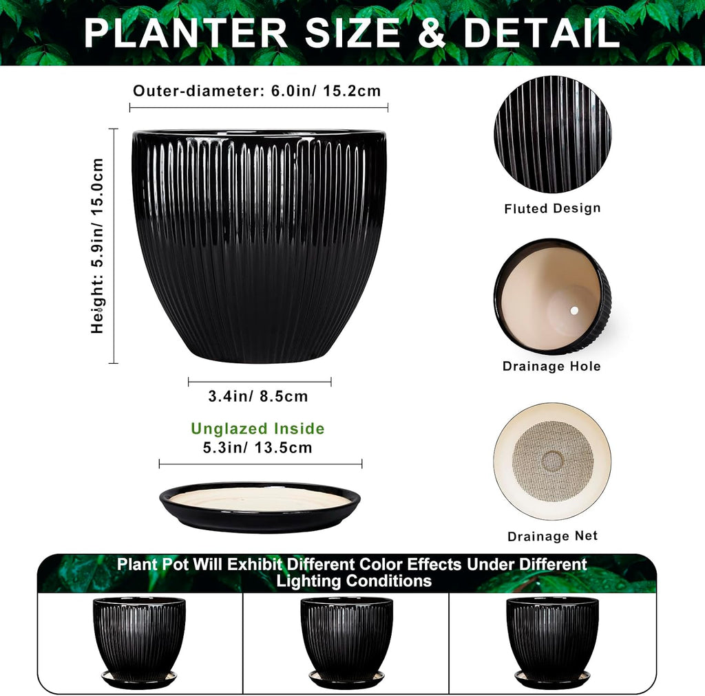 6 Inch Ceramic Planter, Indoor Plant Pots for Small Plants, Decorative Flower Pots with Drainage Hole and Saucer, Round