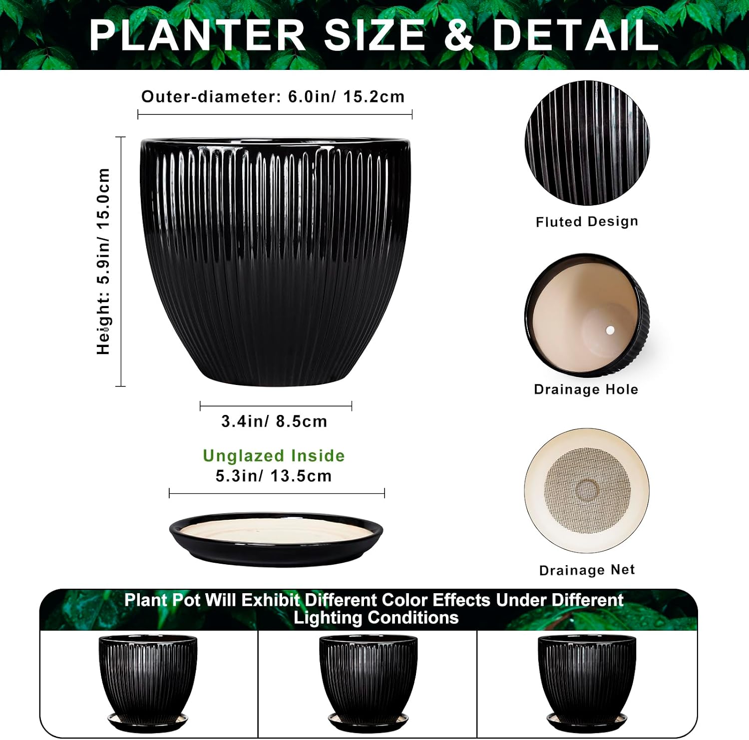 6 Inch Ceramic Planter, Indoor Plant Pots for Small Plants, Decorative Flower Pots with Drainage Hole and Saucer, Round