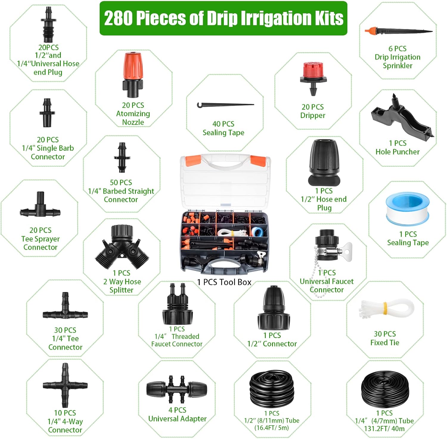 280 Pcs Drip Irrigation Kit, 147FT Garden Watering System 1/2 1/4 in Distribution Tubing Hose Automatic Patio Misting
