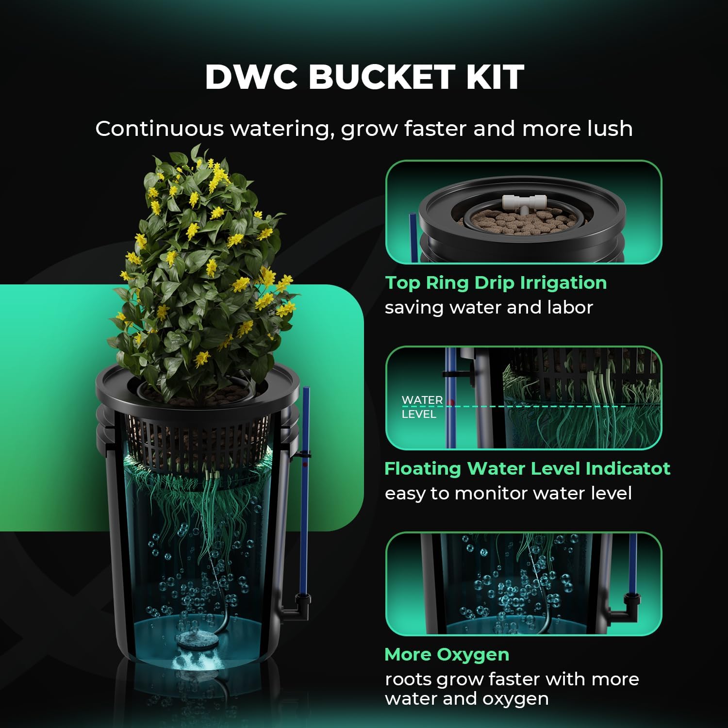 Mars Hydro DWC Hydroponics Grow System 5 Gallon Deep Water Culture with 8W Air Pump, Multi-Purpose Air Hose, Air Stone