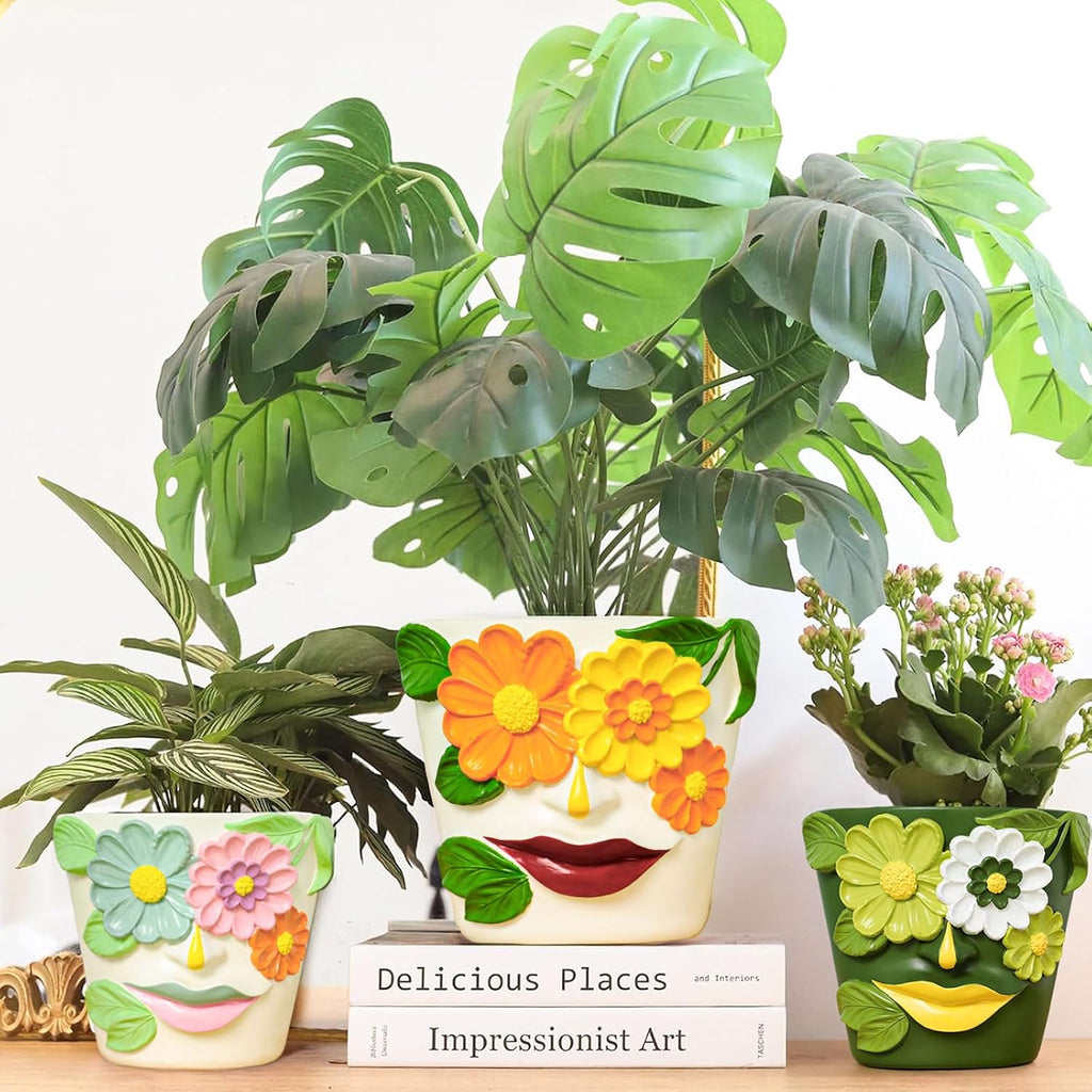 GUGUGO 8 Inch Large Flower Face Planters, Abstract Unique Head Plant Pot with Drainage, Rainbow Colorful Cute Flower