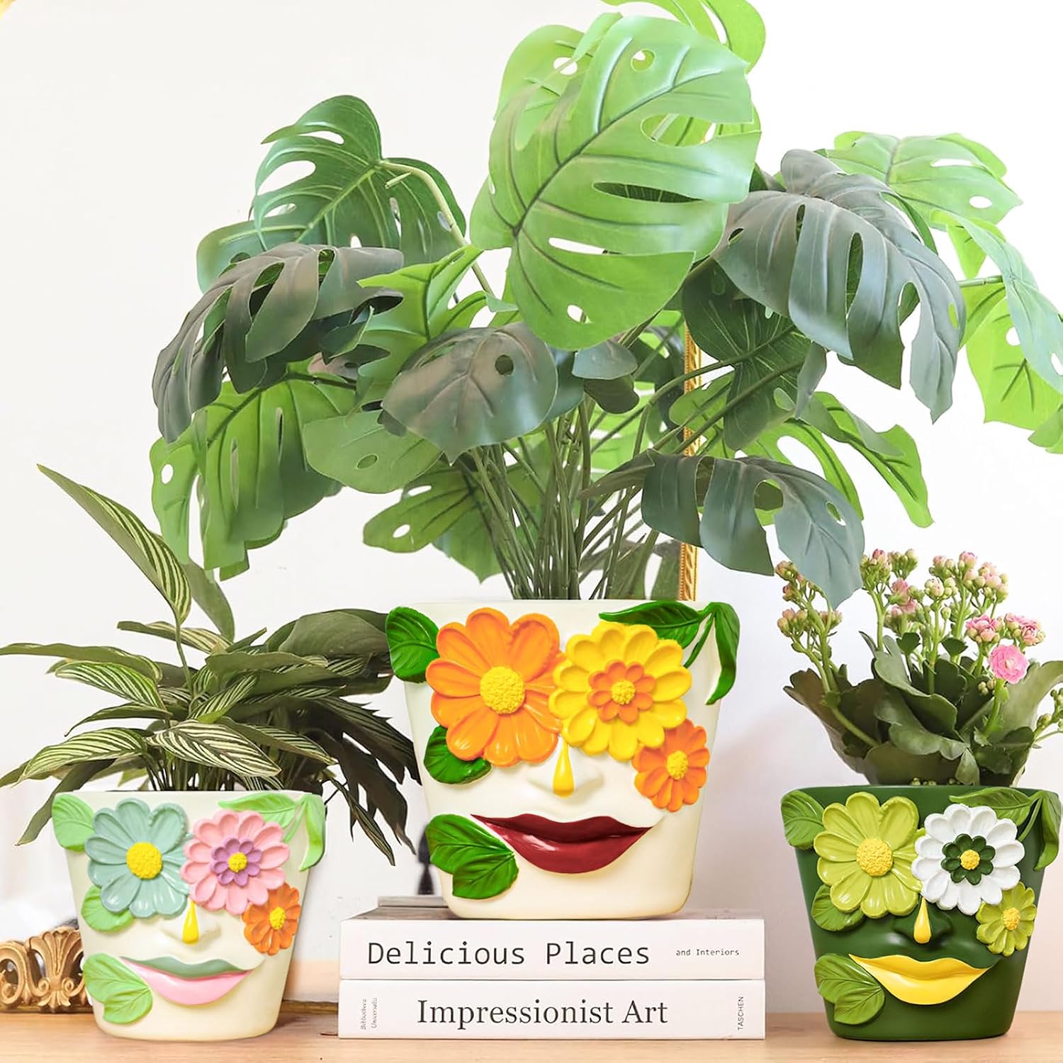 GUGUGO 8 Inch Large Flower Face Planters, Abstract Unique Head Plant Pot with Drainage, Rainbow Colorful Cute Flower