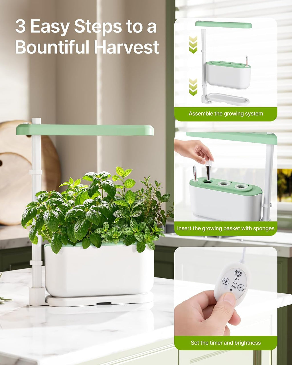 Hydroponics Growing System Kit with 3 Pods for Beginners | Full Spectrum Dimmable LED Grow Light, Adjustable Height