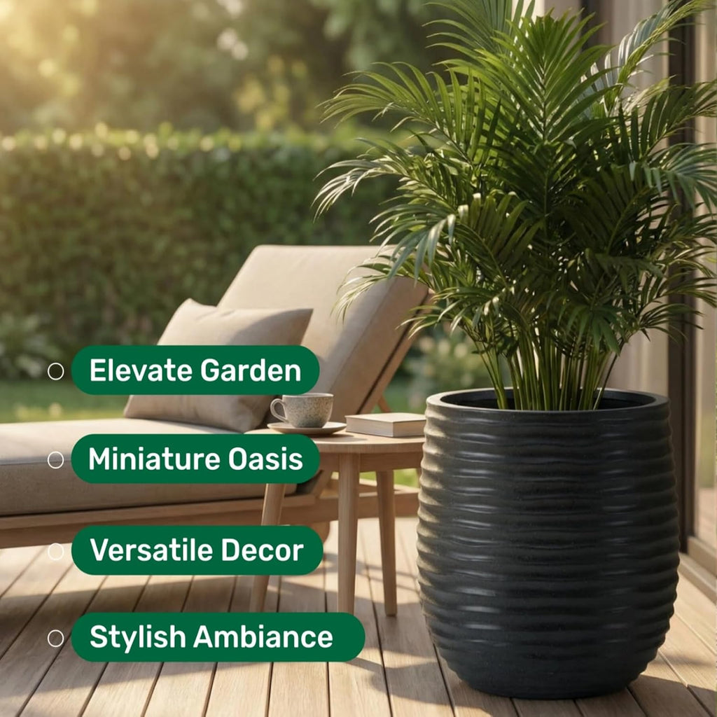15" Dia x 16.5" H Concrete Planter with Wavy Texture, Black - 1 Pack | Large Flower Pot with Drainage Hole and Silicone