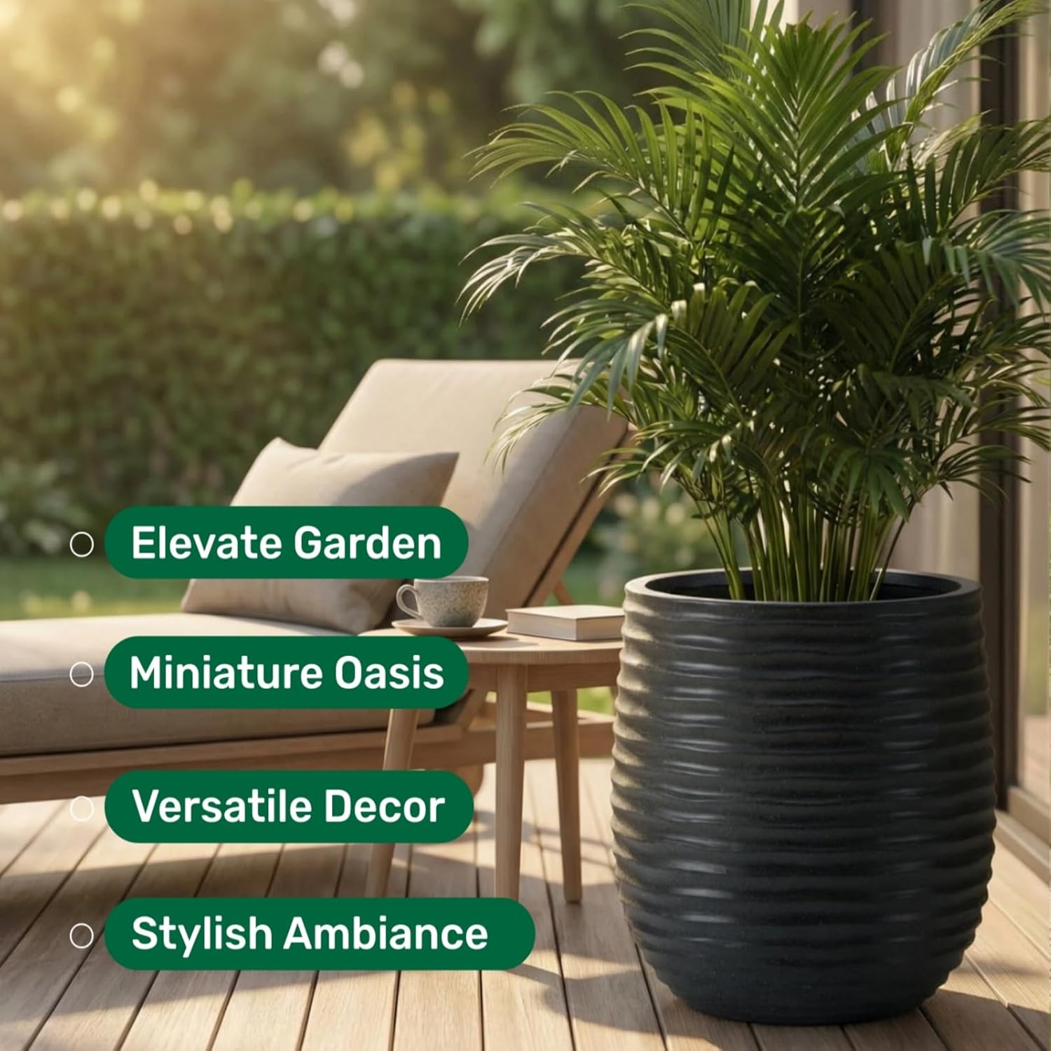 15" Dia x 16.5" H Concrete Planter with Wavy Texture, Black - 1 Pack | Large Flower Pot with Drainage Hole and Silicone