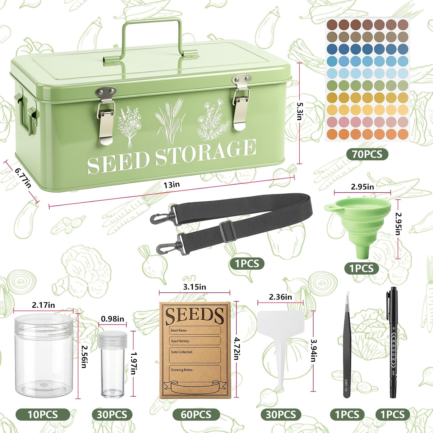 Seed Storage Organizer with Strap, 10 Large & 30 Small Bottles, Dual Locks | 70 Labels and 60 Seed Envelopes.Zinc Alloy