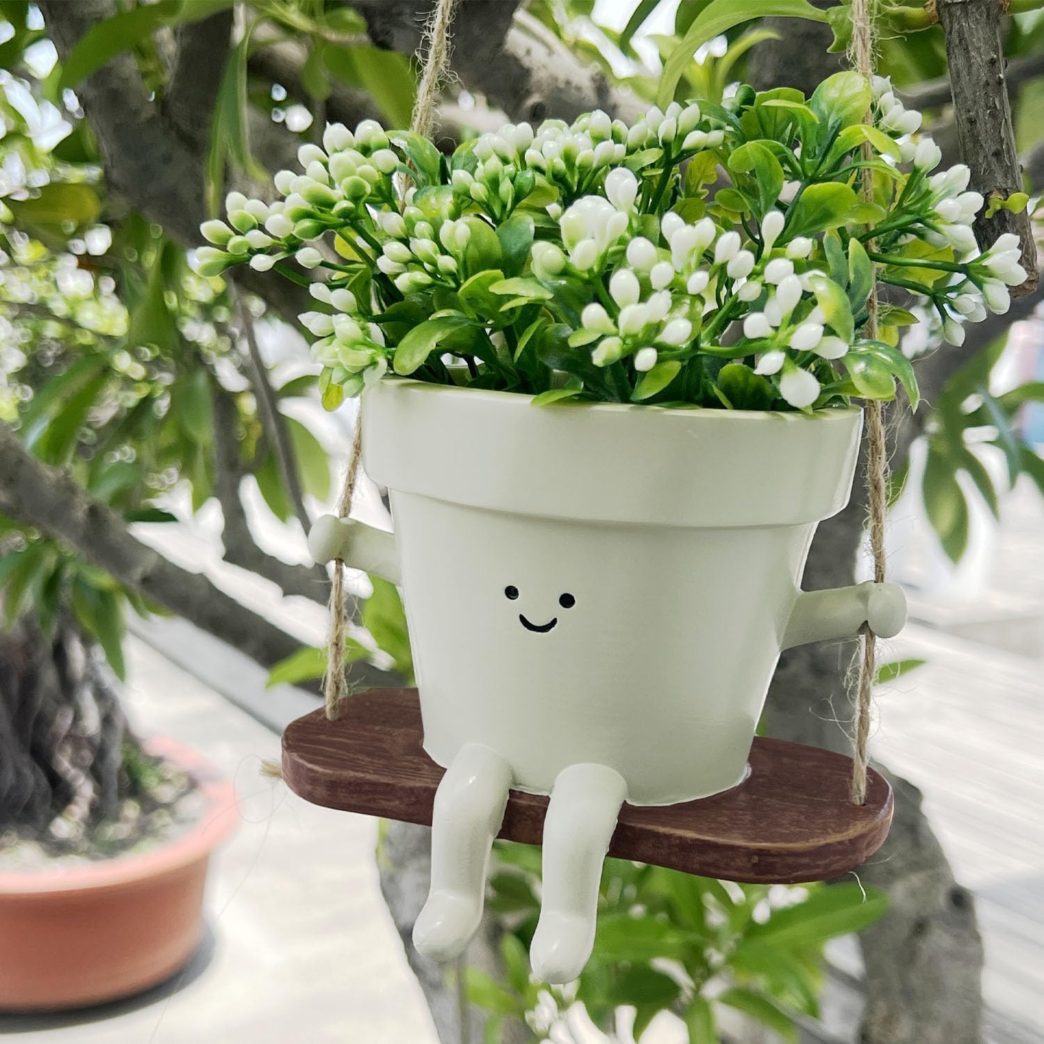 Swing Smily Face Planter Pot - Indoor Outdoor Flower Head Hanging Planters, Swinging Smiley Plant Pots with Drainage
